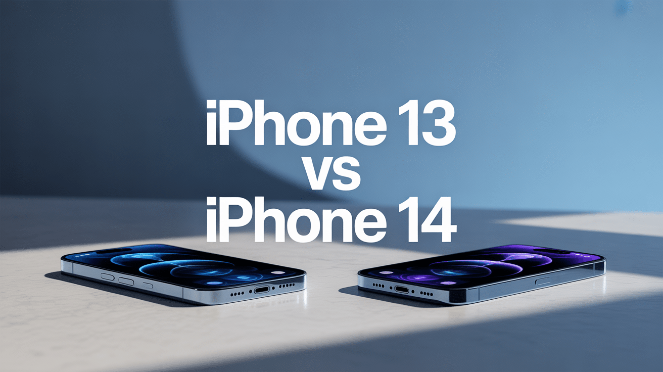 iPhone 13 vs iPhone 14 côte à côte sur fond minimaliste