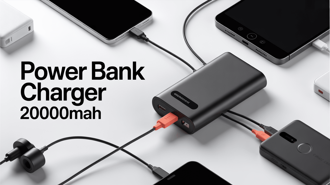 Power bank charger 20000mah entouré d'appareils connectés