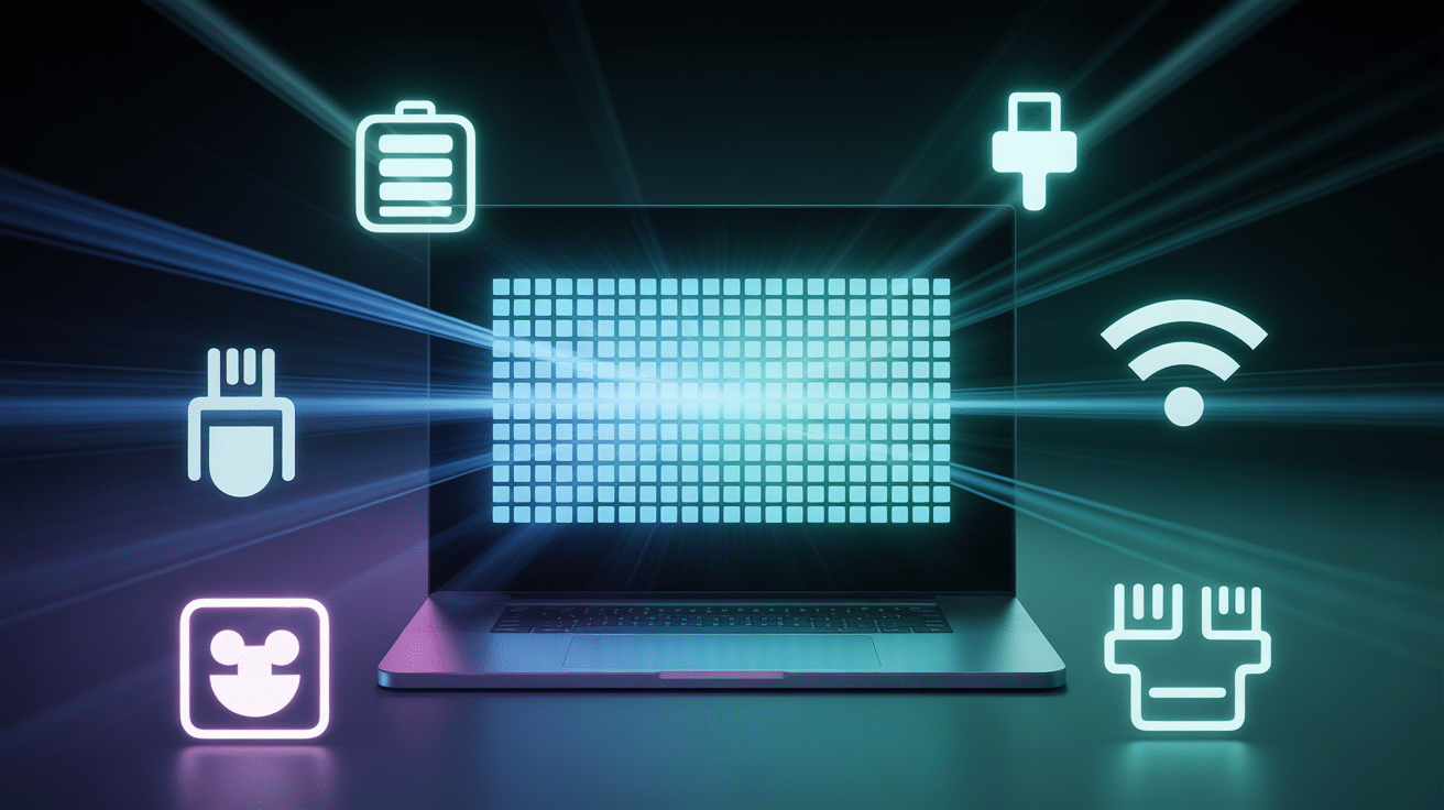 Écran 15.6 pouces avec icônes techniques flottantes