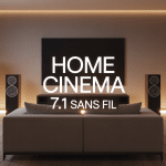 Home cinema 7.1 sans fil installé dans un salon design