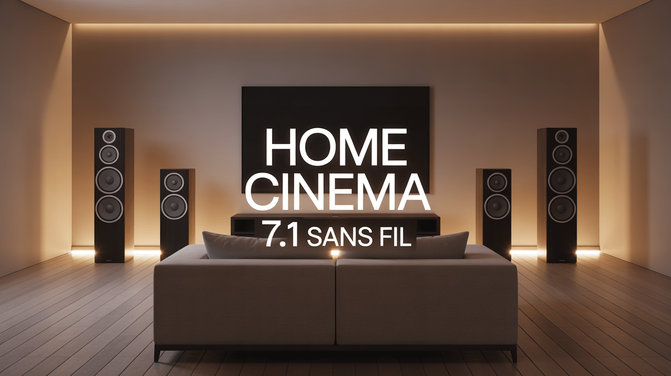 Home cinema 7.1 sans fil installé dans un salon design