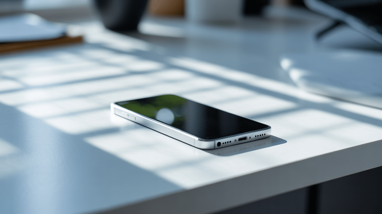iPhone 13 blanc posé bureau moderne