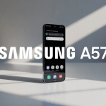 samsung a57 posé sur surface blanche écran allumé