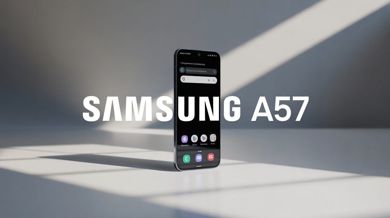 samsung a57 posé sur surface blanche écran allumé