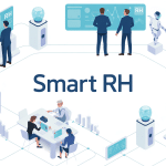 Illustration smart rh avec professionnels et écrans holographiques