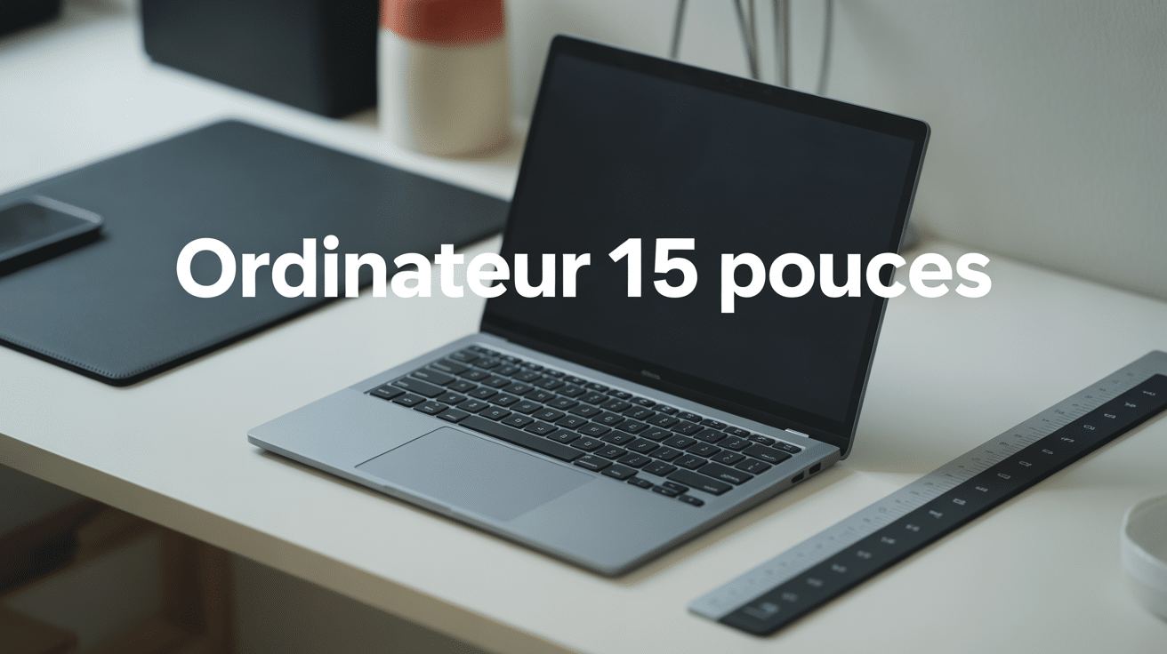 ordinateur portable 15 pouces affichant taille réelle sur bureau