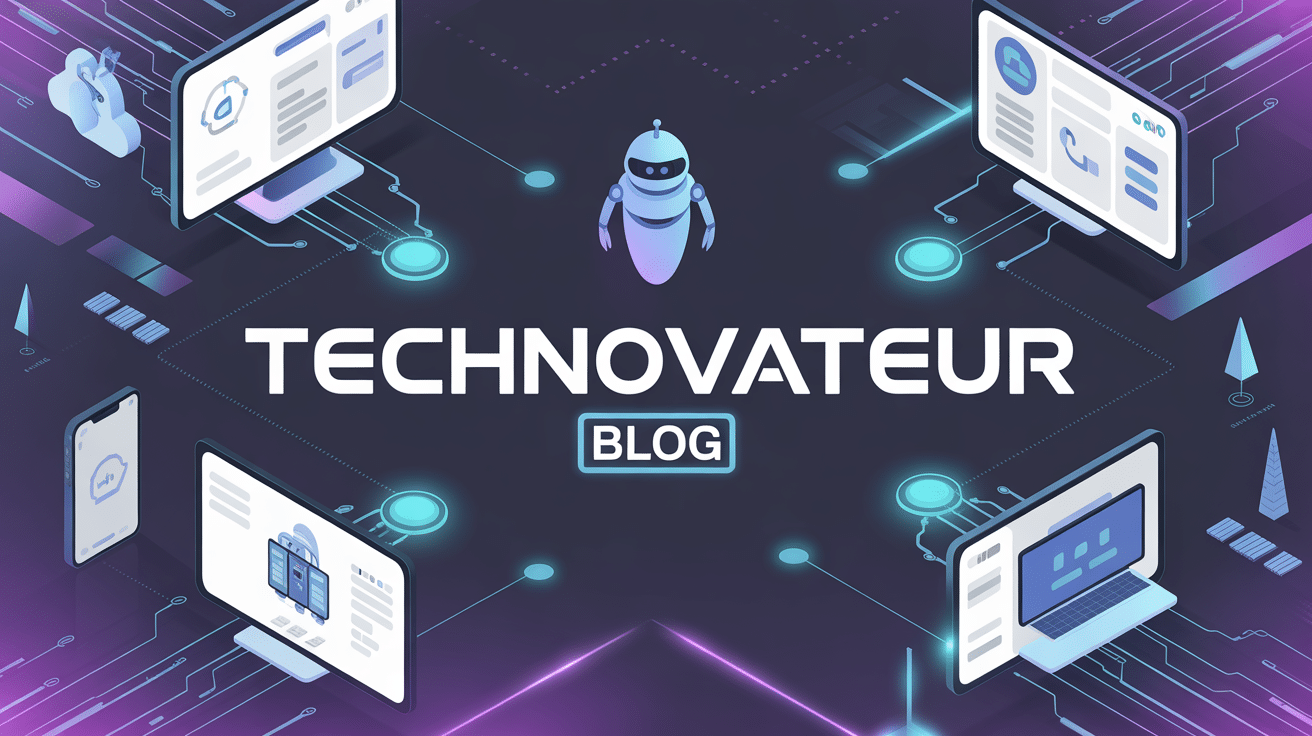 Technovateur blog avec écrans connectés et icones tech