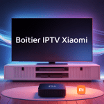 boitier iptv xiaomi installé devant tv dans salon moderne