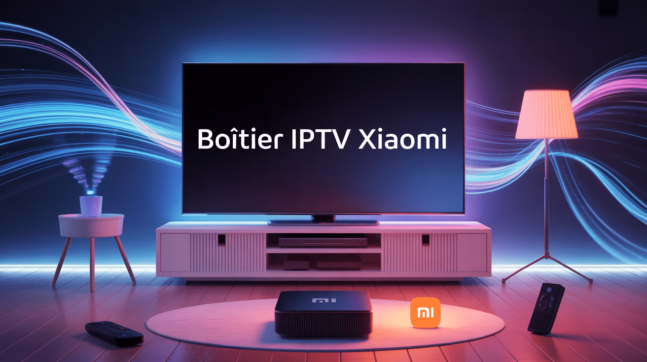 boitier iptv xiaomi installé devant tv dans salon moderne
