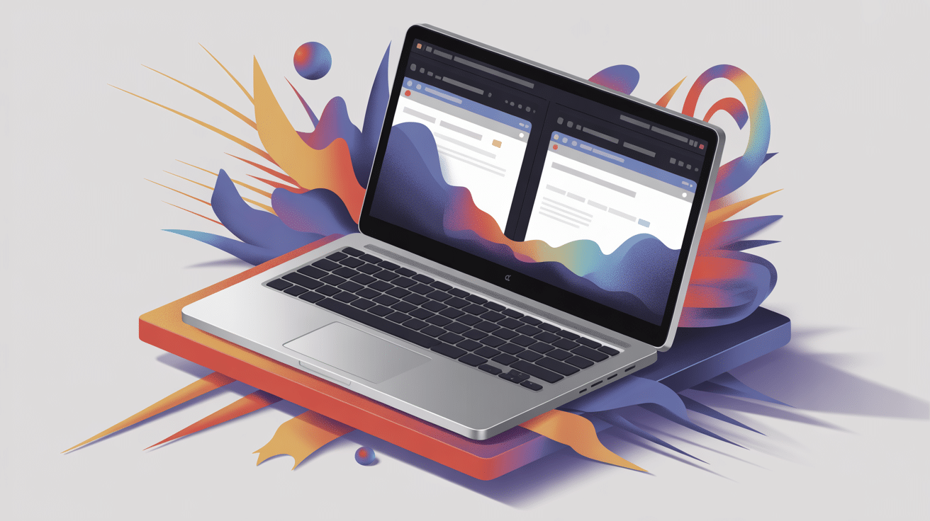 Illustration pc portable 2 ecrans pour productivite moderne