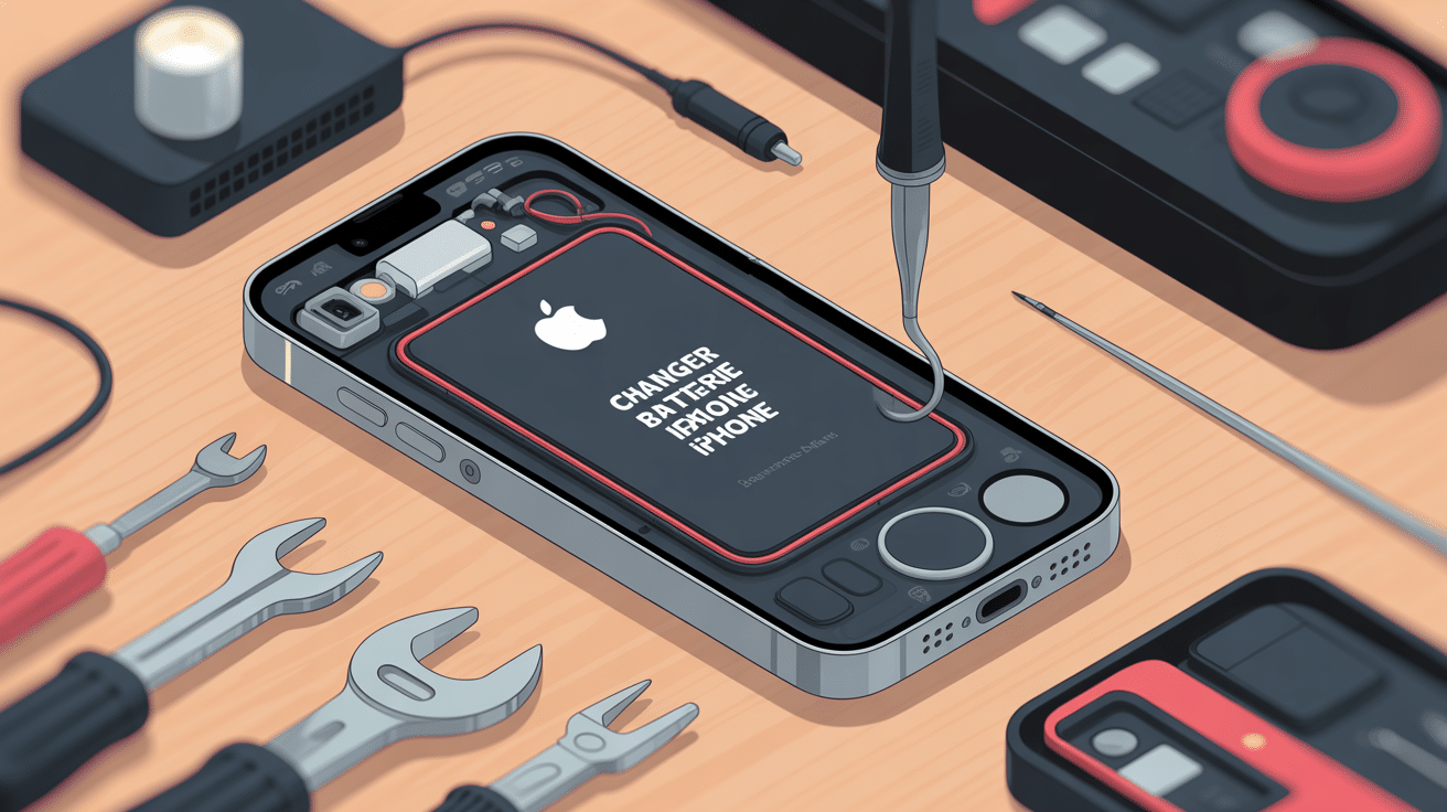 illustration stylisée changer la batterie iphone atelier et outils