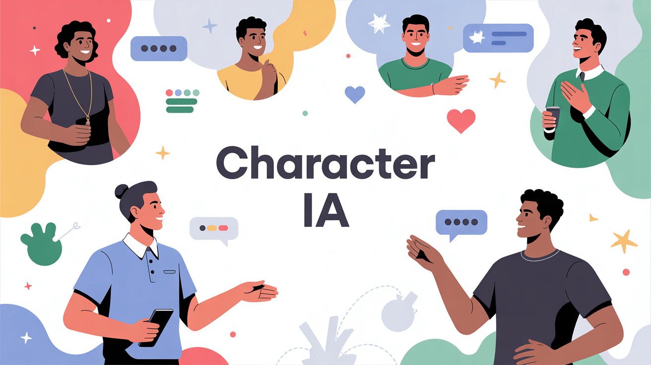 Illustration de personnages IA interactifs sur fond numérique