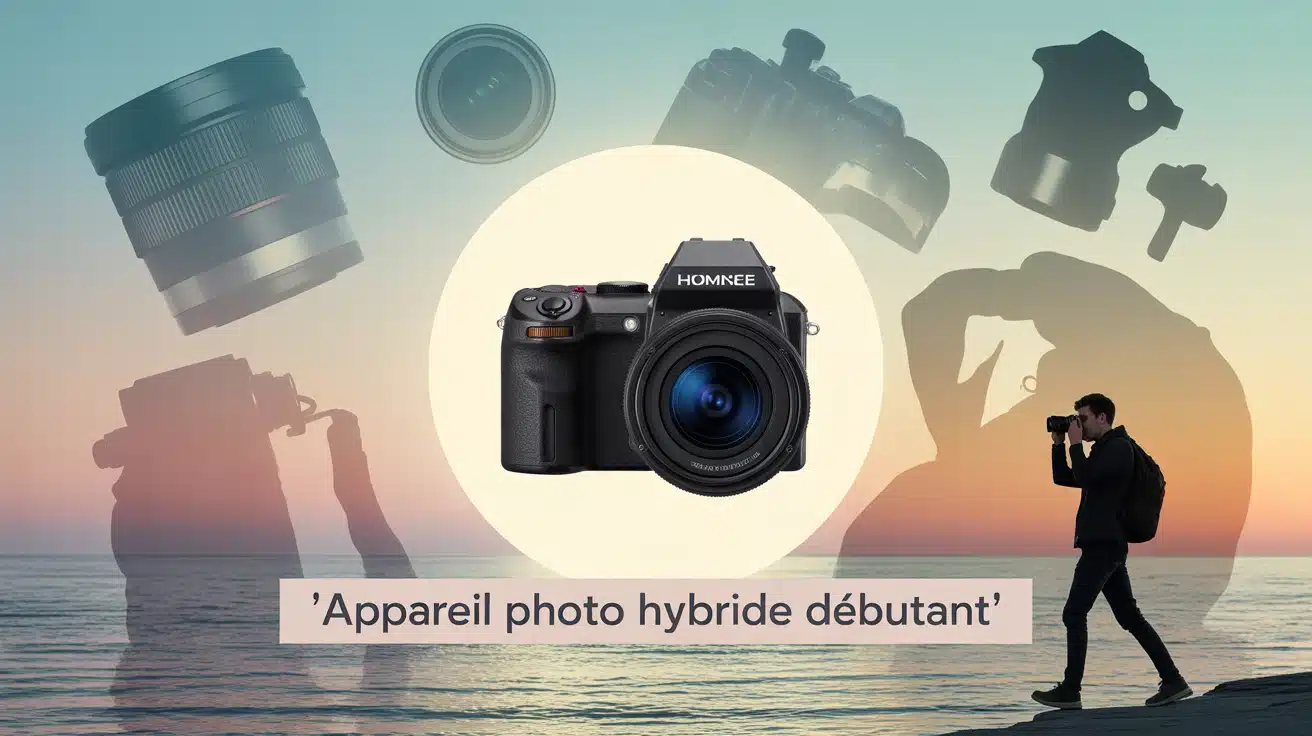 Illustration appareil photo hybride débutant moderne avec objectifs et photographe