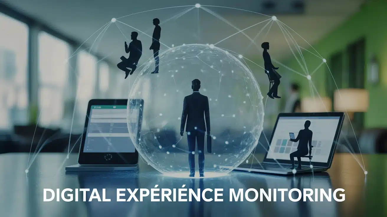 Illustration vectorielle Digital Experience Monitoring avec utilisateurs et flux de données