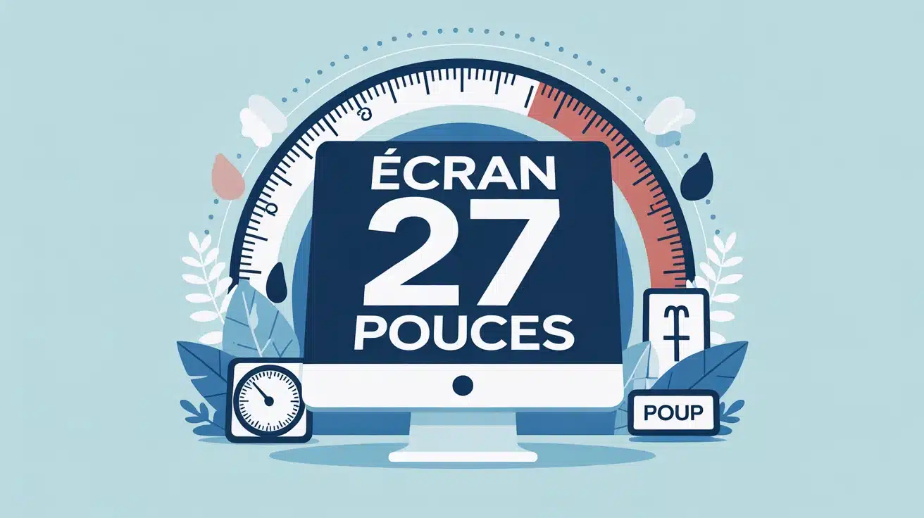 écran 27 pouces avec mètre ruban et icônes conversion
