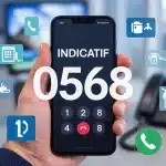 Smartphone avec numéro indicatif 0568 et icônes appels commerciaux