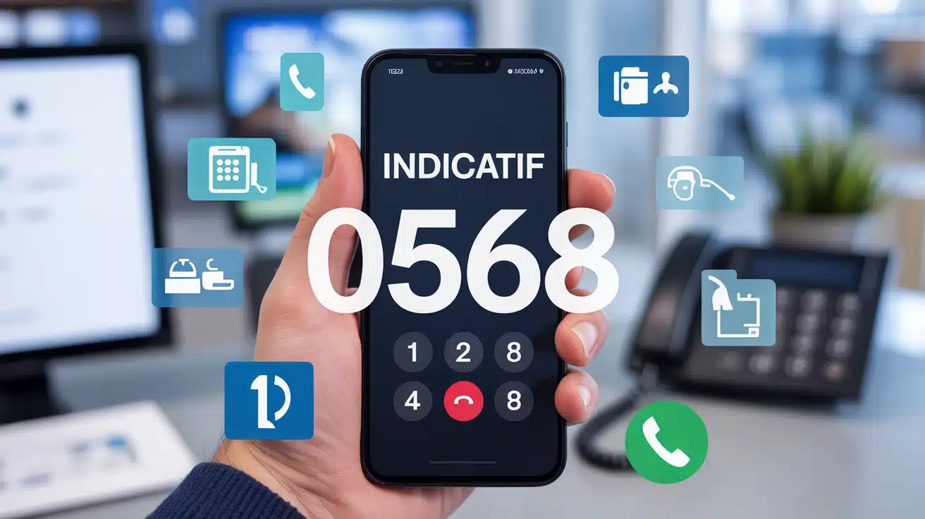 Smartphone avec numéro indicatif 0568 et icônes appels commerciaux