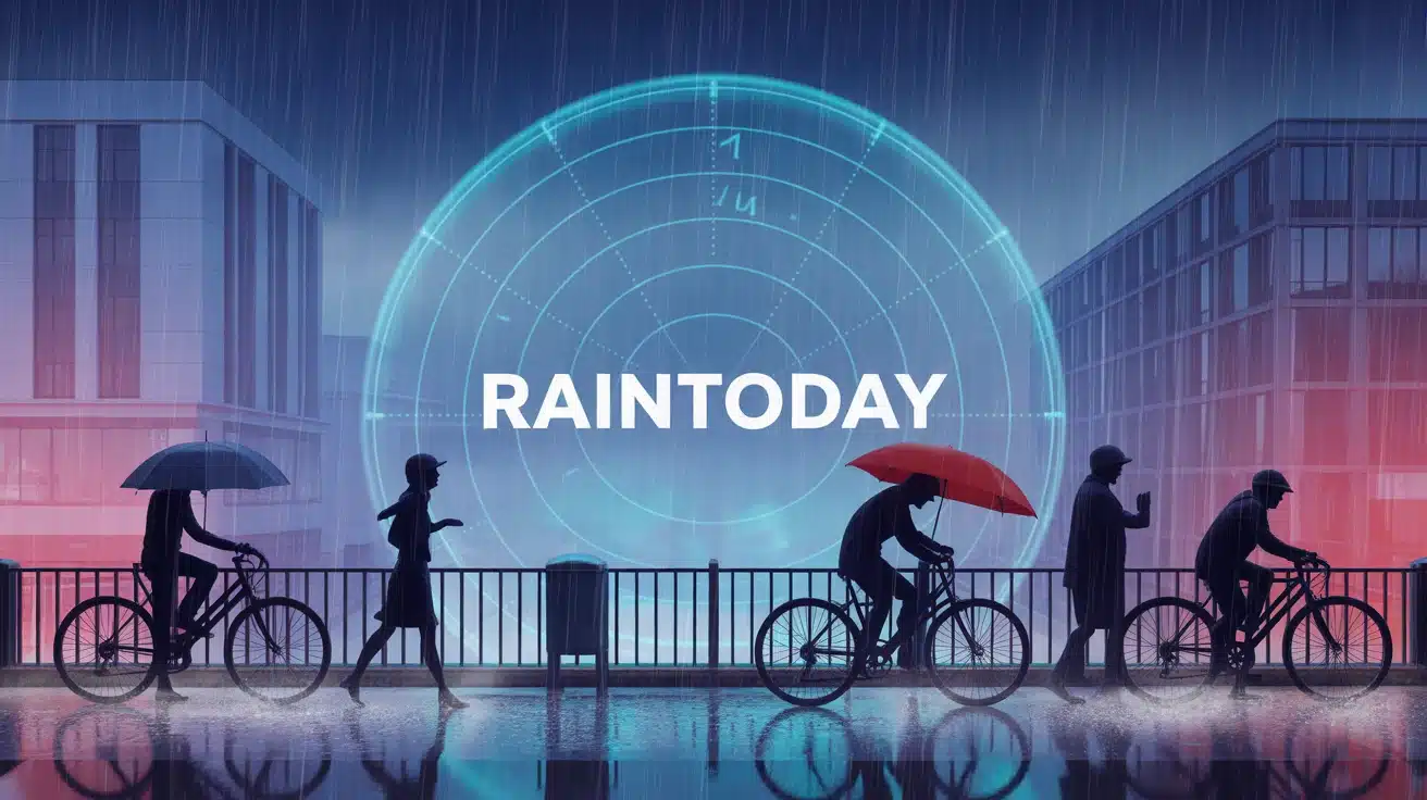 Illustration RainToday scène urbaine sous pluie avec radar météo