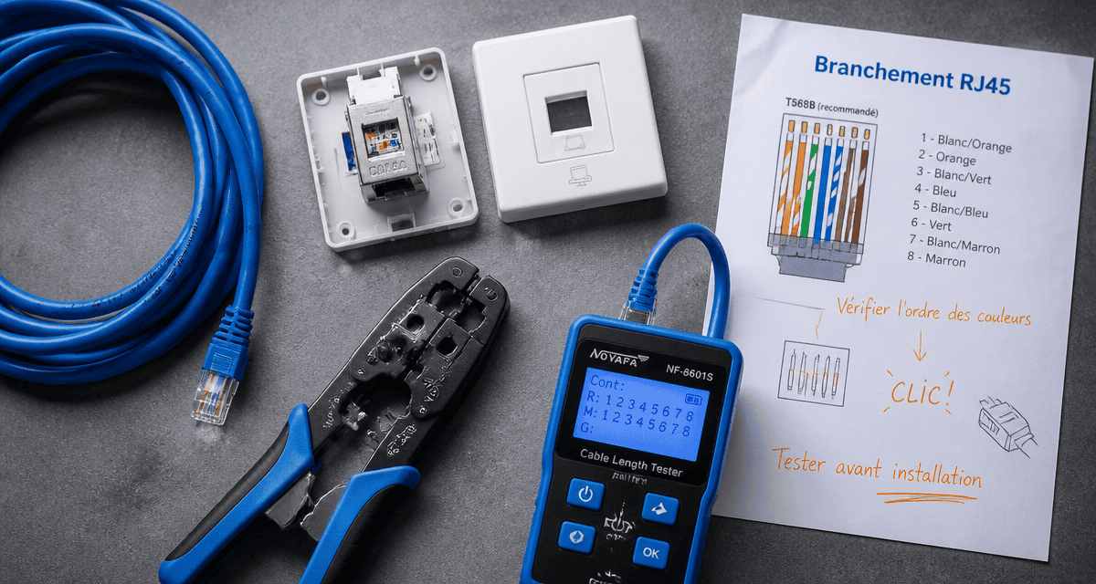 Branchement RJ45 avec outils, câble et schéma