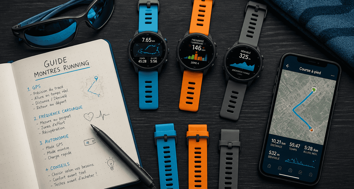 Comparatif montre running avec trois montres sport sur table