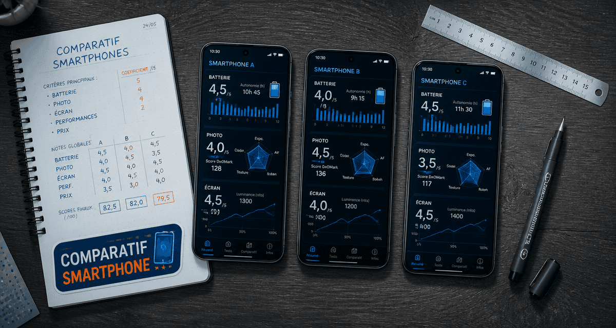 Comparatif smartphone, trois téléphones sur table avec tests