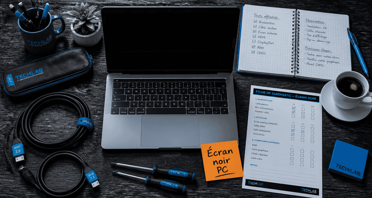 Bureau avec PC portable écran noir et outils diagnostic