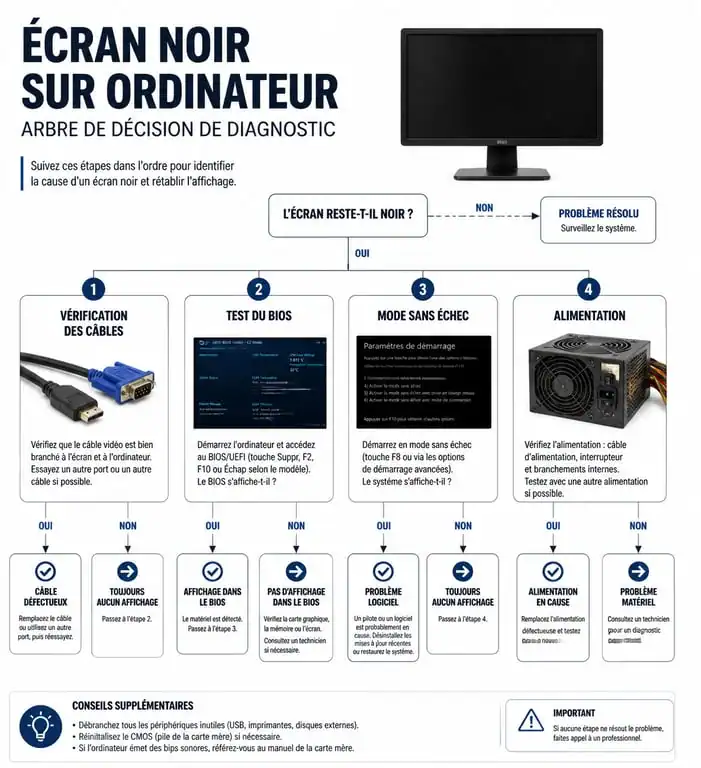 Infographie de diagnostic pour écran noir PC