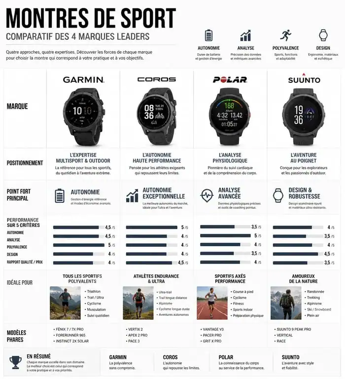 Infographie comparative des meilleures montres running : Garmin, Coros, Polar et Suunto pour choisir sa montre de sport.