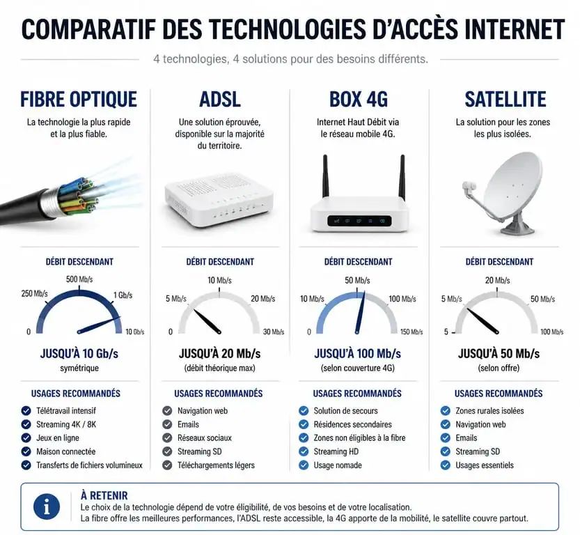 Comparatif des technologies pour un abonnement internet seul : Fibre, ADSL, 4G et Satellite