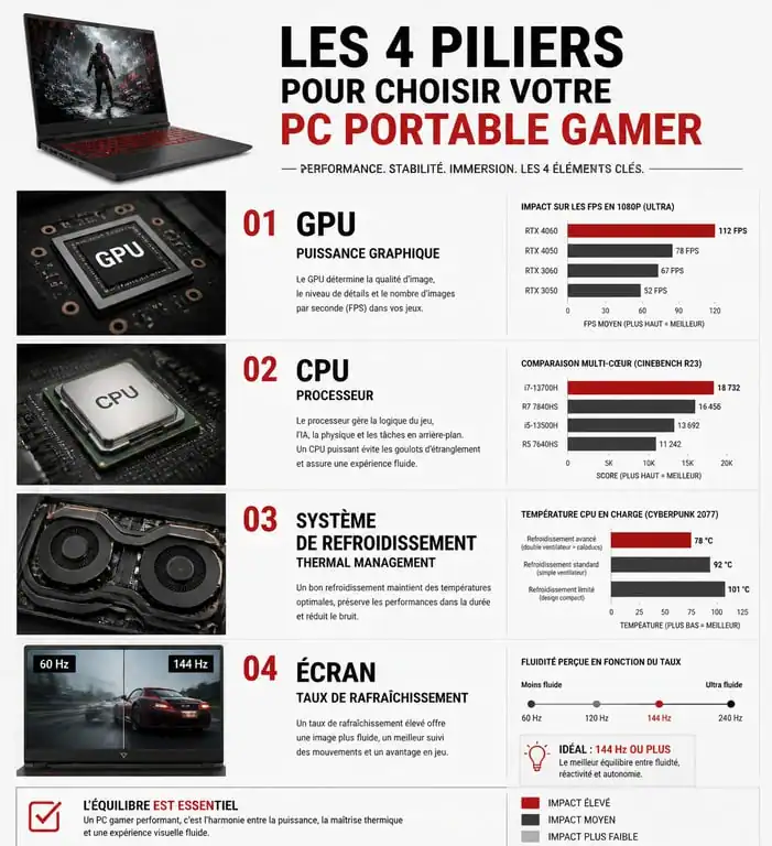 Infographie comparative des critères essentiels pour choisir le meilleur PC gamer portable