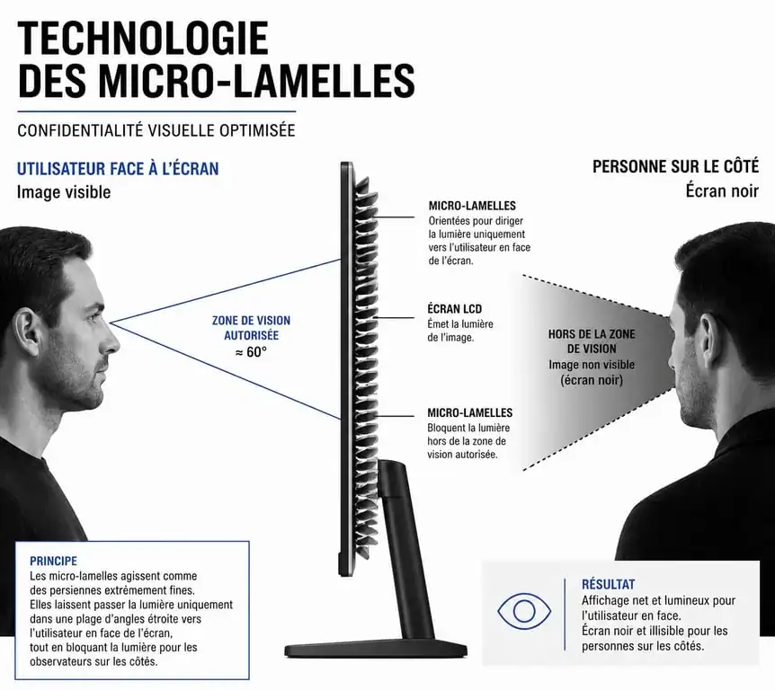 Fonctionnement technique d'un écran anti-espion par micro-lamelles