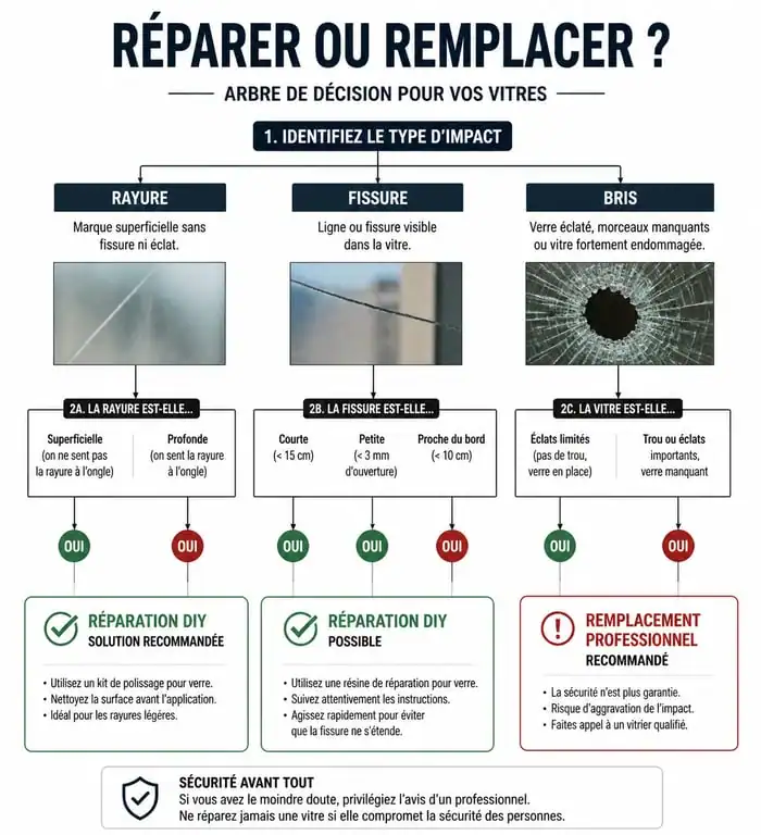 Infographie sur les étapes pour réparer une vitre cassée ou fissurée
