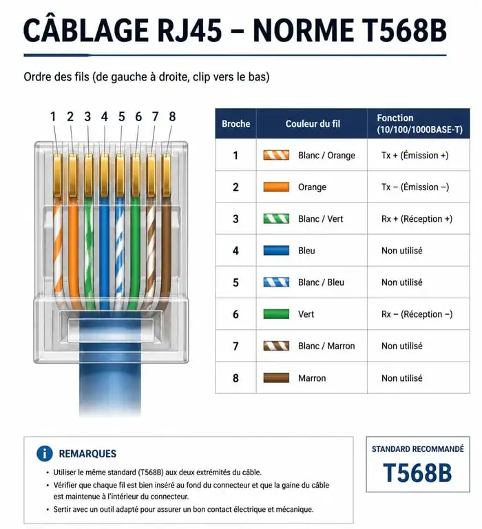 Schéma de branchement RJ45 norme T568B pour câble Ethernet
