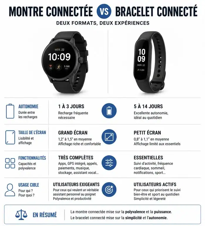 Infographie comparative : montre connectée vs bracelet connecté pour choisir le meilleur appareil selon vos besoins.
