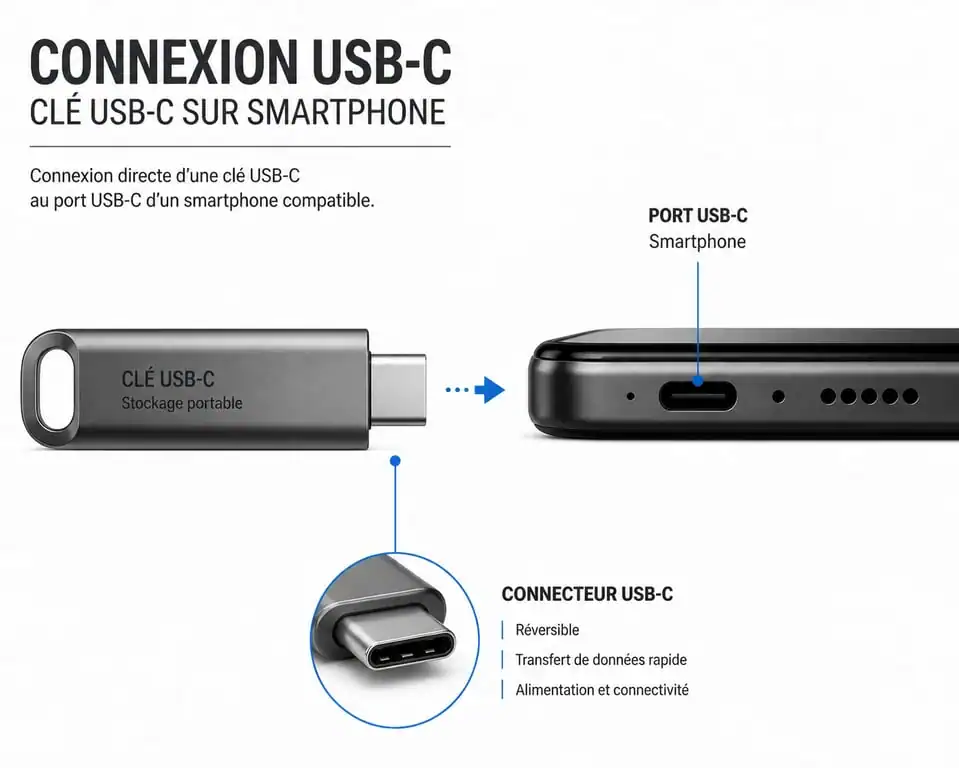 Schéma illustrant la connexion d'une clé USB sur téléphone