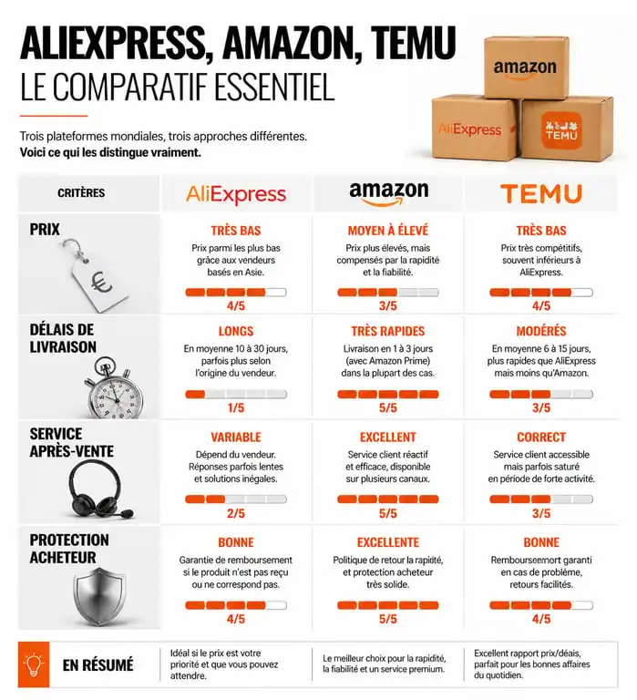 Infographie comparative AliExpress vs Amazon vs Temu pour évaluer la fiabilité et les services