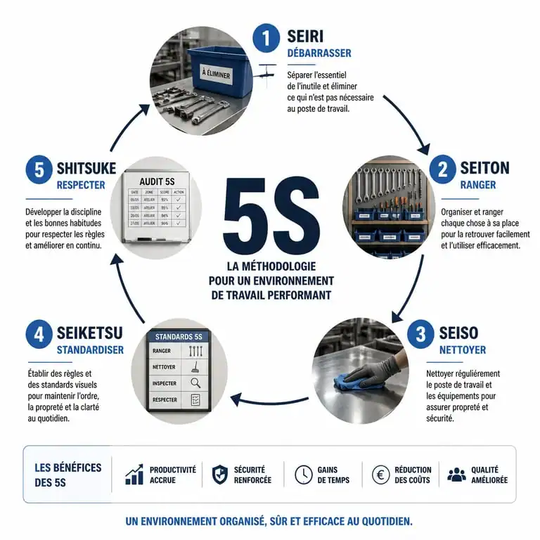 Infographie du cycle de la méthode 5S pour l'organisation industrielle