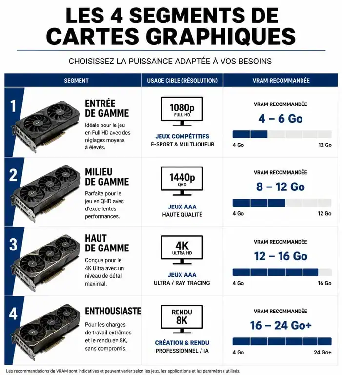 Infographie comparative des performances et caractéristiques techniques pour choisir sa carte graphique selon son usage.