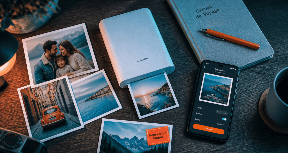 imprimante smartphone sur bureau avec photos tirées
