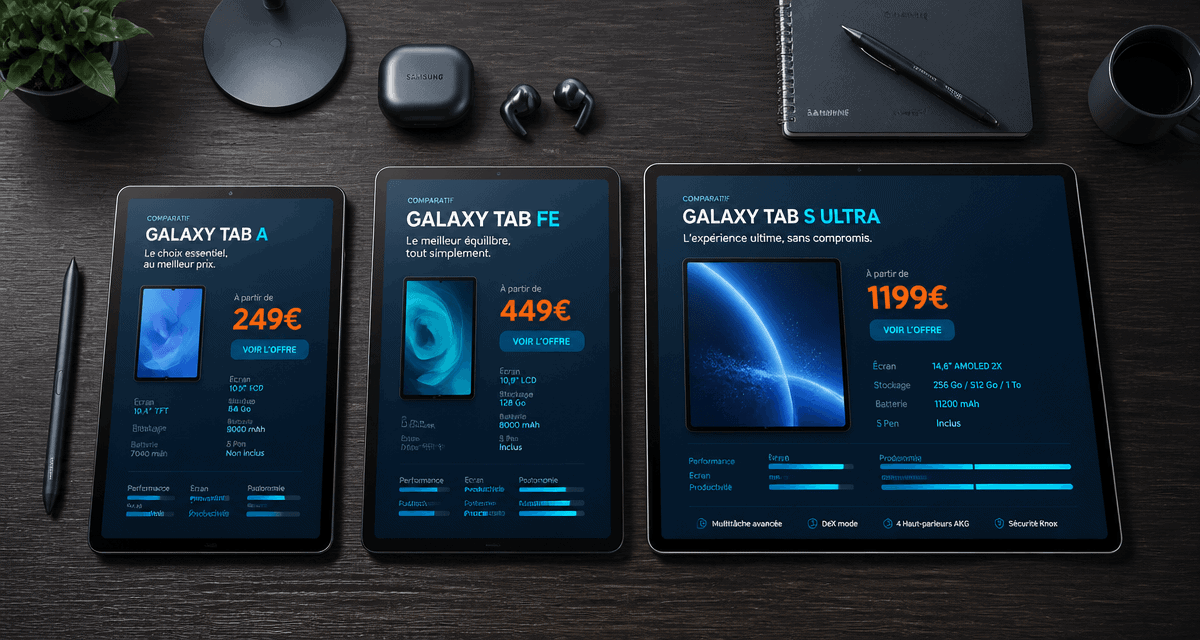 prix tablette samsung trois modèles Galaxy Tab sur bureau