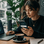 utilisation des réseaux sociaux femme café urbain