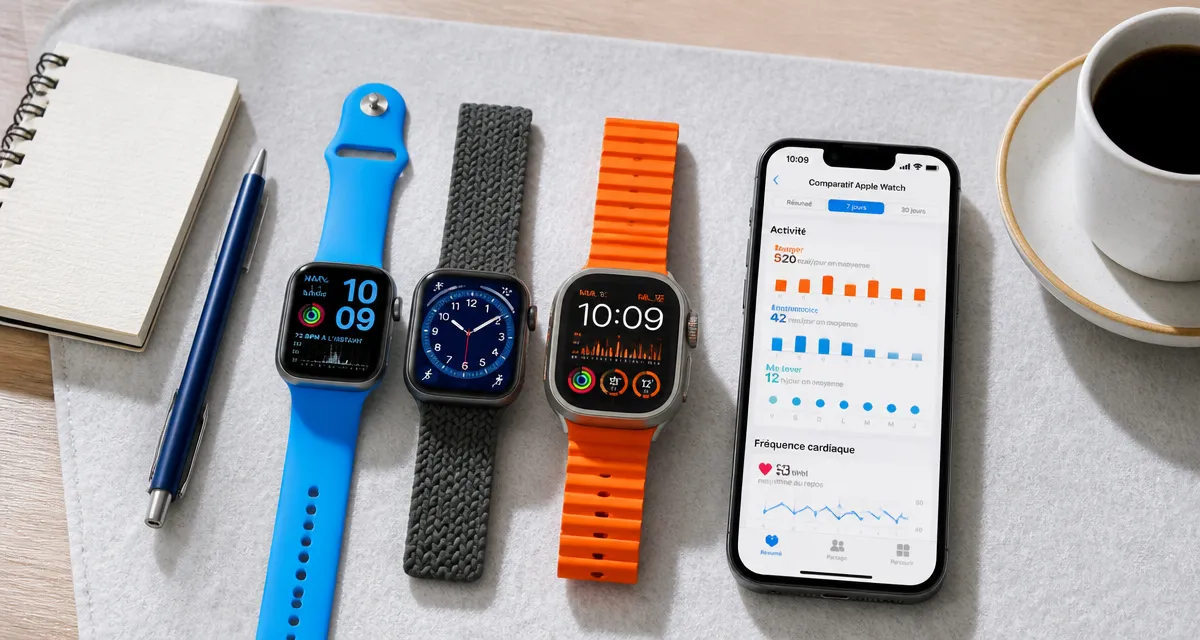 avis sur apple watch series 11 ultra 3 se 3 alignées flat lay