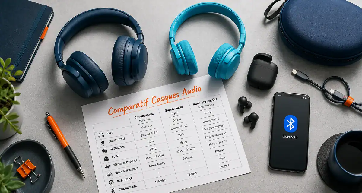 Comparatif casque audio avec trois modèles sur bureau