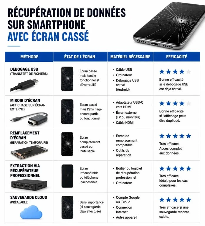 Tableau comparatif des méthodes pour récupérer des données sur un téléphone à l'écran cassé