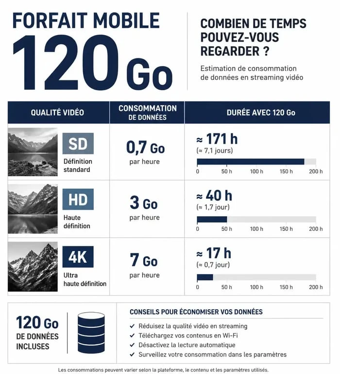 Infographie consommation data 120 Go internet combien de temps