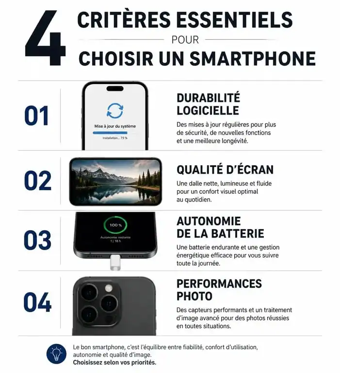 Infographie des critères essentiels pour choisir son smartphone : écran, batterie, photo et mises à jour.