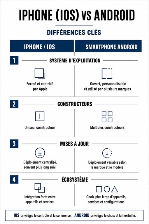 Infographie comparative des différences entre un smartphone Android et un iPhone