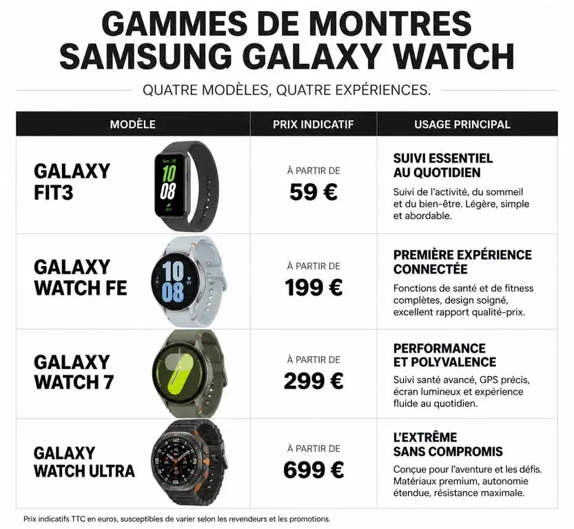 Comparatif des prix et fonctionnalités des montres connectées Samsung Galaxy Watch pour femme
