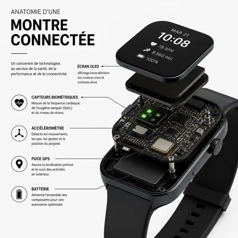 Schéma technique expliquant comment fonctionne une montre connectée et ses composants