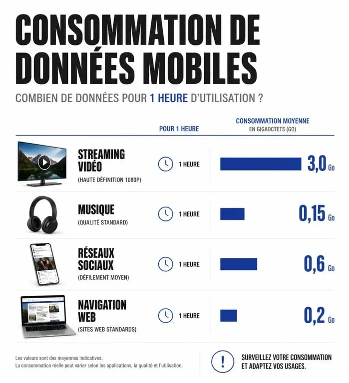 Infographie consommation data mobile 40 Go internet combien de temps